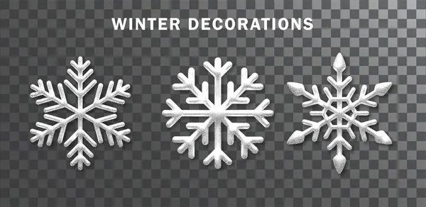 Snowflakes Set Realistic White Sparkling Snowflakes Isolated Transparent Background Christmas — Stockvektor