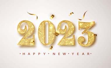 Flying Confetti 'nin parlak arka planında 2023 altın parıltılı pankartıyla yeni yıl afişi. Noel ve kış tatili afişleri, parti broşürleri