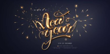 Karanlık arka planda yeni yıl afişi şablonu kutlu olsun. Altın kaligrafi tebrik kartı kavramı.