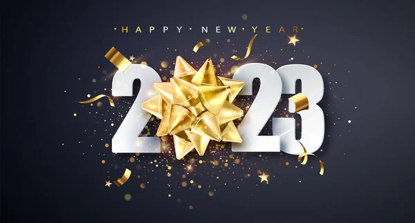 2023 Felice Anno Nuovo Banner Auguri Con Fiocco Regalo Oro — Vettoriale Stock