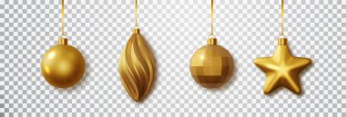 Gold Christmas toy set with isolated on transparent background. Realistic hanging gold christmas decor.