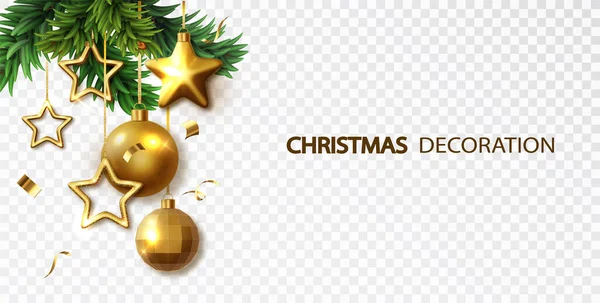 Decoração Natal Composição Brinquedos Dourados Natal Ramos Verdes Isolados Fundo — Vetor de Stock