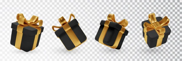Набір Чорних Подарункових Коробок Золотими Бантами Ізольовано Рендеринг Святкової Сюрприз — стоковий вектор