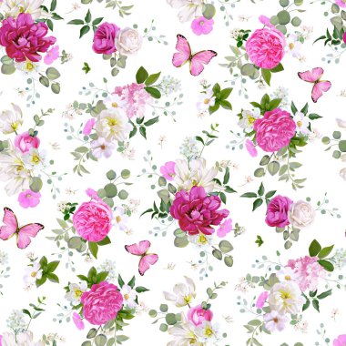 Bahar çiçek, succulents ve kelebekler ile seamless modeli