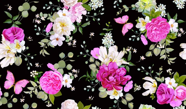 Modèle sans couture de printemps avec des fleurs, des succulents et des papillons — Image vectorielle