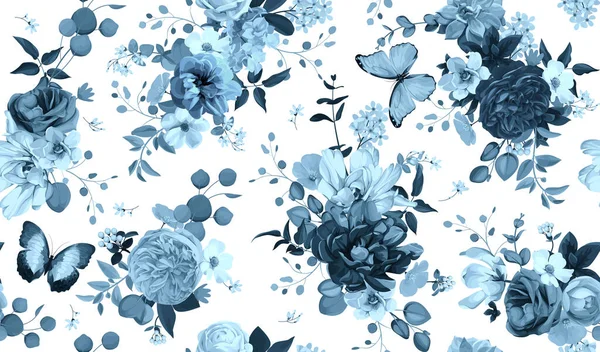 Frühling nahtlose Muster mit Blumen, Sukkulenten und Schmetterlingen — Stockvektor