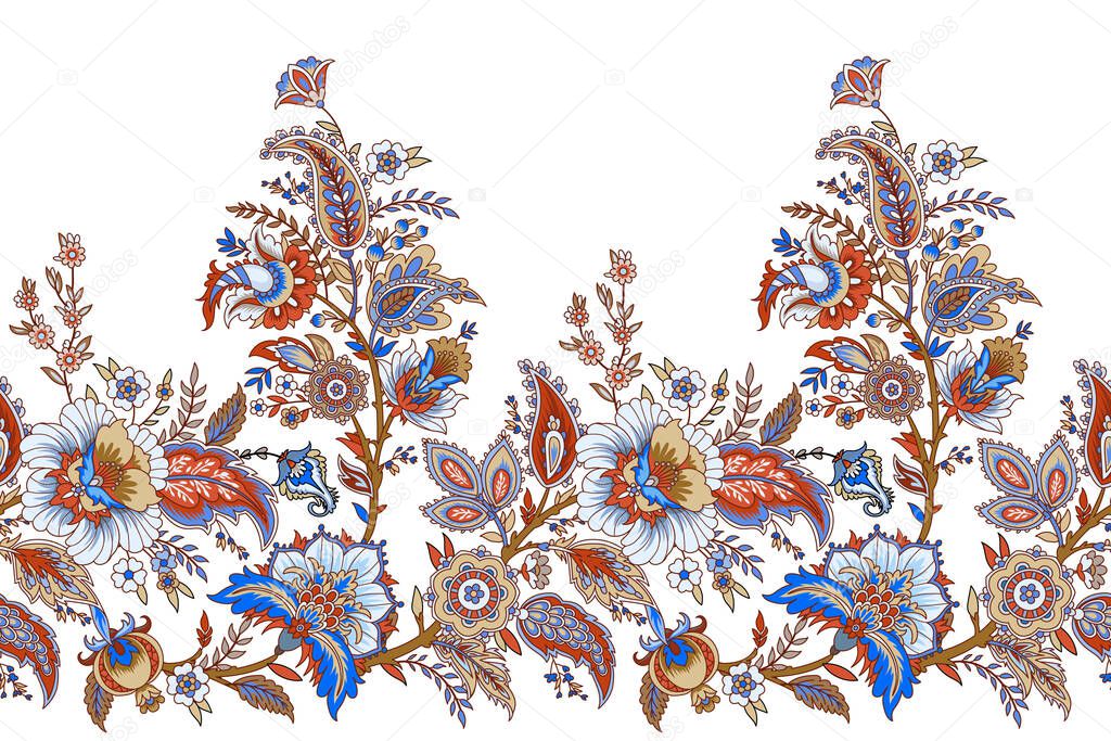 Seamless floral painted textile in the manner of Indian production