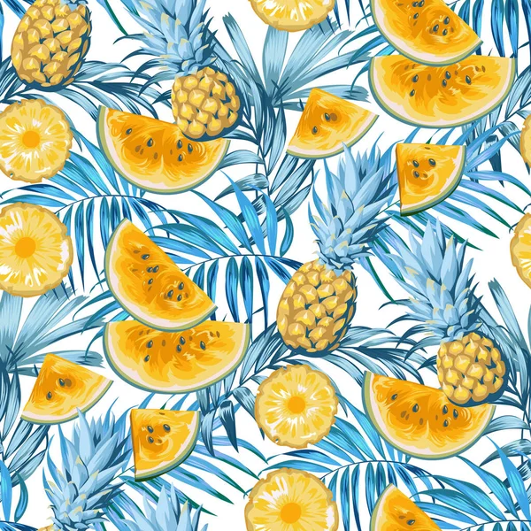 Summer tropical pattern with pineapple fruit and slices of watermelon — Wektor stockowy