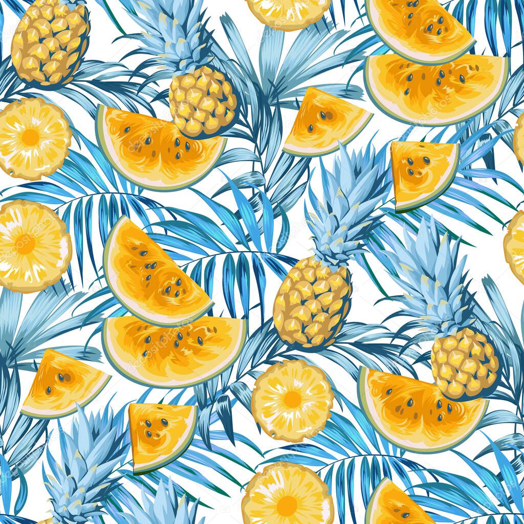 Summer tropical pattern with pineapple fruit and slices of watermelon