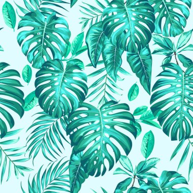 Palmiye ve canavar yaprakları ile yağmur ormanı yaz baskısı