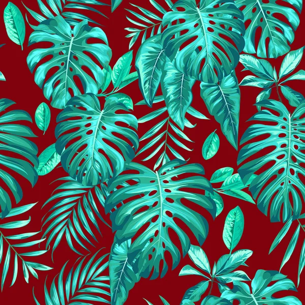 Impressão de verão da floresta tropical com folhas de palma e monstera — Vetor de Stock