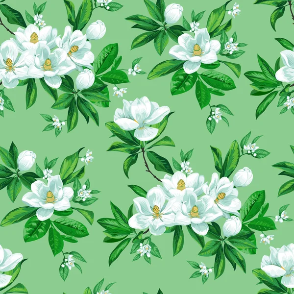 Impression tropicale sans couture avec magnolia fleuri — Image vectorielle
