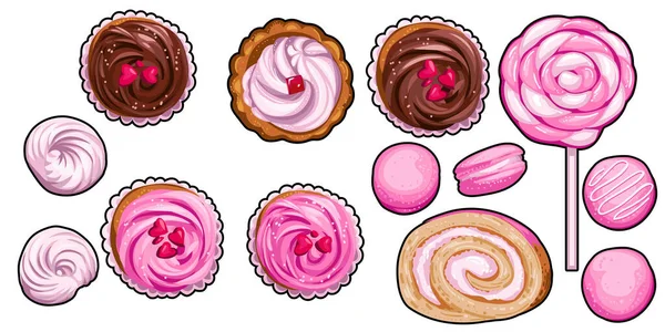 Conjunto de cupcakes, macarrones y piruletas — Vector de stock