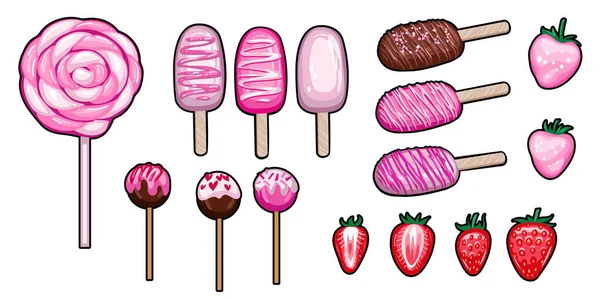 Conjunto de dulces rosados, piruleta y fresas — Vector de stock