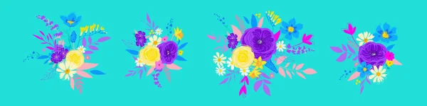 Sada barevných svazků s růžemi, sedmikráskami a sasankami — Stockový vektor