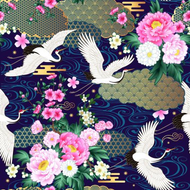 Çiçekli şakayık ve altın bulutlu Japon bahçesi