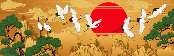 Japon vinçleri ve çam ağaçlarıyla yatay manzara