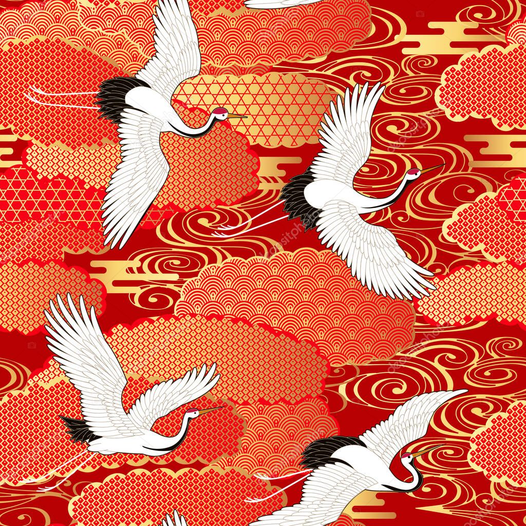 Seamless pattern with cranes and clouds