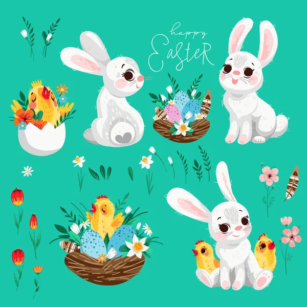Conjunto Elementos Pascua Conejos Huevos Pollos Flores — Vector de stock