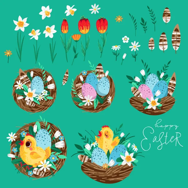 Conjunto Pollos Huevos Para Decoración Pascua — Vector de stock