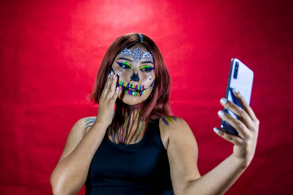 Young Woman Makeup Halloween Party Takes Selfie Her Cell Phone — Stock Photo, Image