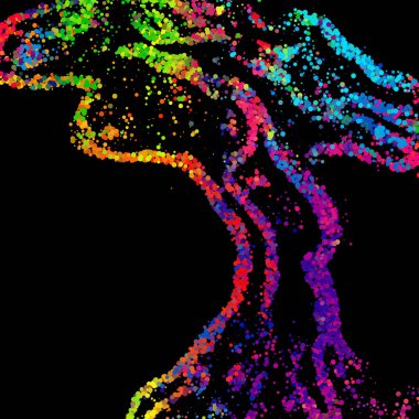 Karanlık bir zemin üzerinde parçacık akışı olan parlak soyut bir arkaplan. Partilerin broşürleri, web siteleri, sunumlar, orijinal ambalajlar. Stok vektör illüstrasyonu.