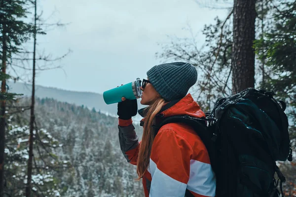 Thermos with a hot drink on mountain waterfall Stock Photo by