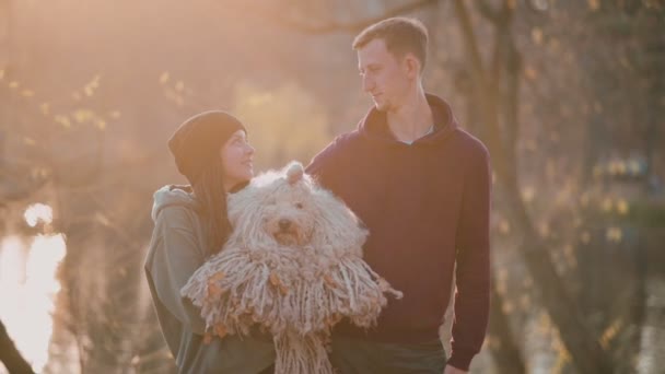 Casal feliz com cão — Vídeo de Stock