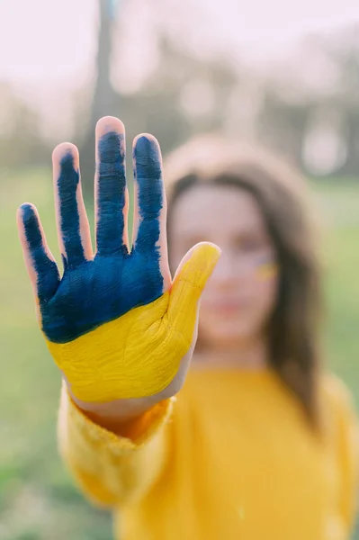 De vlag van Oekraine wordt op de palm getekend. — Stockfoto