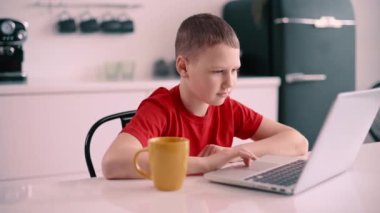 Çocuk evde dizüstü bilgisayar kullanıyor. Çocuk çevrimiçi öğreniyor.