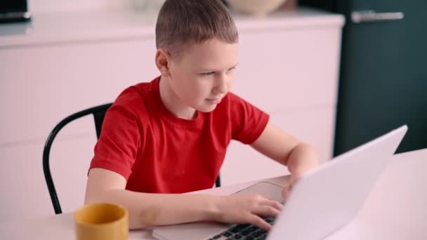 Αγόρι Που Χρησιμοποιεί Λάπτοπ Στο Σπίτι Παιδί Μαθαίνει Online — Αρχείο Βίντεο