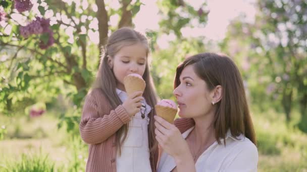 엄마와 공원에서 여가를 보낸다 여자와 아이스크림을 — 비디오