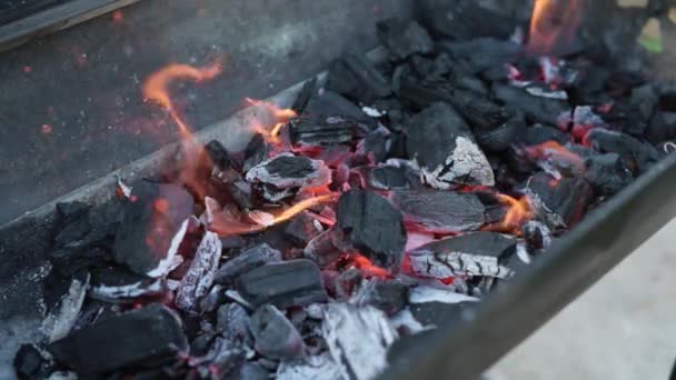Charcoal Burns Grill Tongues Flame Sparks Burst Out Slow Motion — Vídeos de Stock