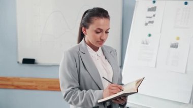İş kadını not defterine not alır. Takım elbiseli çekici bir kadın kameraya bakar ve gülümser..