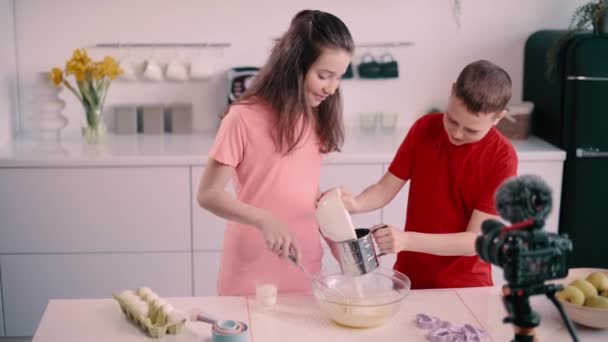 Boy Girl Recording Culinary Blog Home Children Make Dough Together — Video Stock