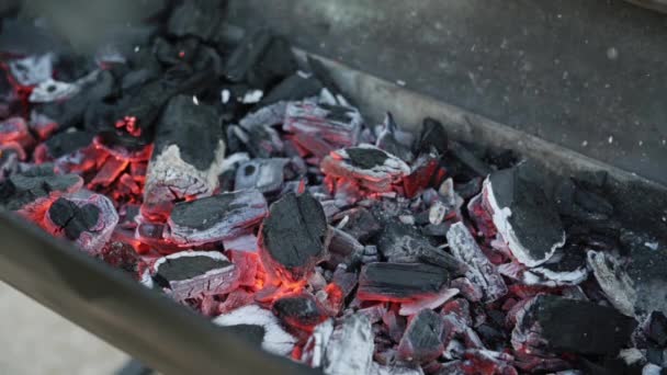 Charcoal Burns Grill Tongues Flame Sparks Burst Out Slow Motion — Video