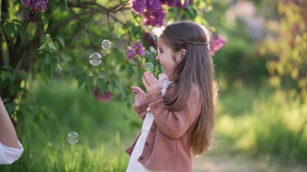Милая Четырехлетняя Девочка Весело Ловит Мыльные Пузыри Руками Парке Счастливого — стоковое видео