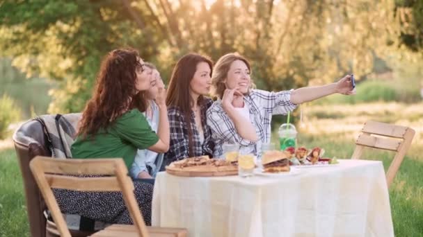 Group Funny Young Women Make Video Call Using Smartphone Nature — Stock Video