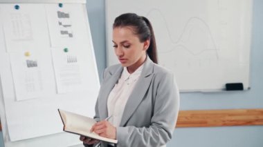 İş kadını not defterine not alır. Takım elbiseli çekici bir kadın kameraya bakar ve gülümser..