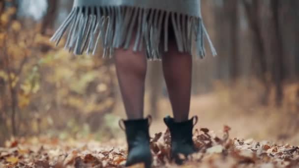 秋の気分 秋の紅葉の中を歩く至近距離の女脚が空中を駆け抜ける スローモーション — ストック動画