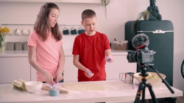 Αγόρι Και Κορίτσι Καταγράφουν Γαστρονομικό Blog Στο Σπίτι Παιδιά Φτιάχνουν — Αρχείο Βίντεο