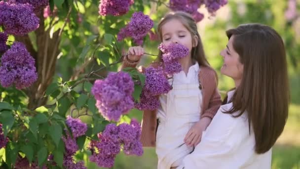 Young Mother Holds Cute Little Daughter Her Arms Flowering Tree — Stockvideo