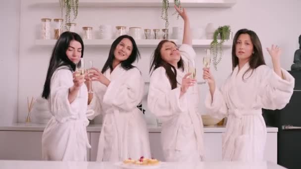Group Women Spend Leisure Time Young Attractive Females Bathrobes Drink — Vídeos de Stock