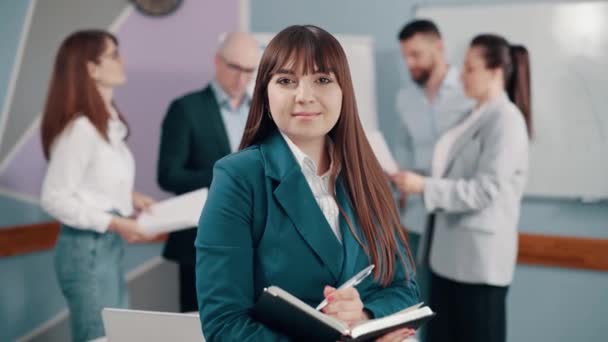 Business Woman Portrait Young Caucasian Woman Business Suit Looks Camera — Stock video