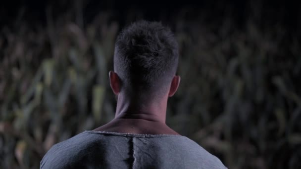夜はトウモロコシ畑に斧を持った怖い男が立っている 男は肩に斧を投げる 後ろの景色 ハロウィンのコンセプト — ストック動画