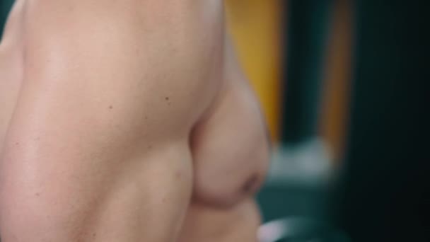 Athletischer Mann Beim Gewichtheben Hebebügel Für Das Bizepstraining Detaillierte Nahaufnahme — Stockvideo