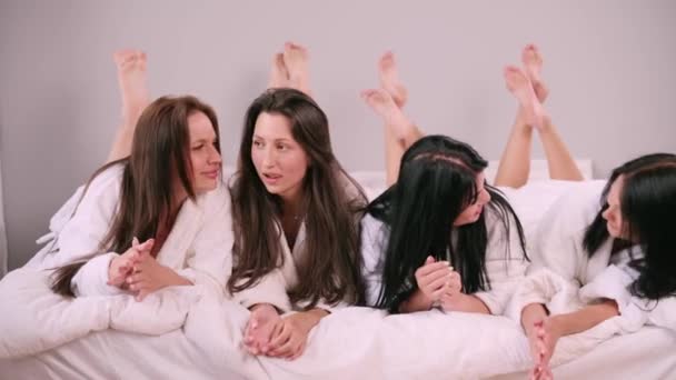 Girlfriends Having Fun Four Young Females Bathrobes Lie Bed Have — Video