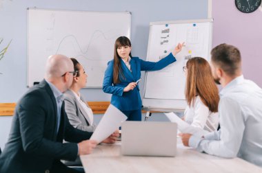 İş adamlarından oluşan bir ekip ofiste projeyi tartışıyor. Çalışan panodaki grafikleri meslektaşlarına gösterir..