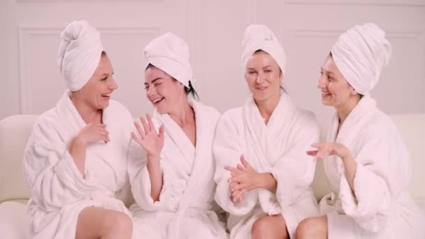 Group Women Spend Leisure Time Young Attractive Females Bathrobes Chat — Stock Video