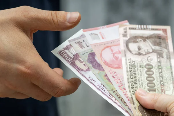 Paraguay Money Transferred Another Person Hand Hand — Stock Photo, Image